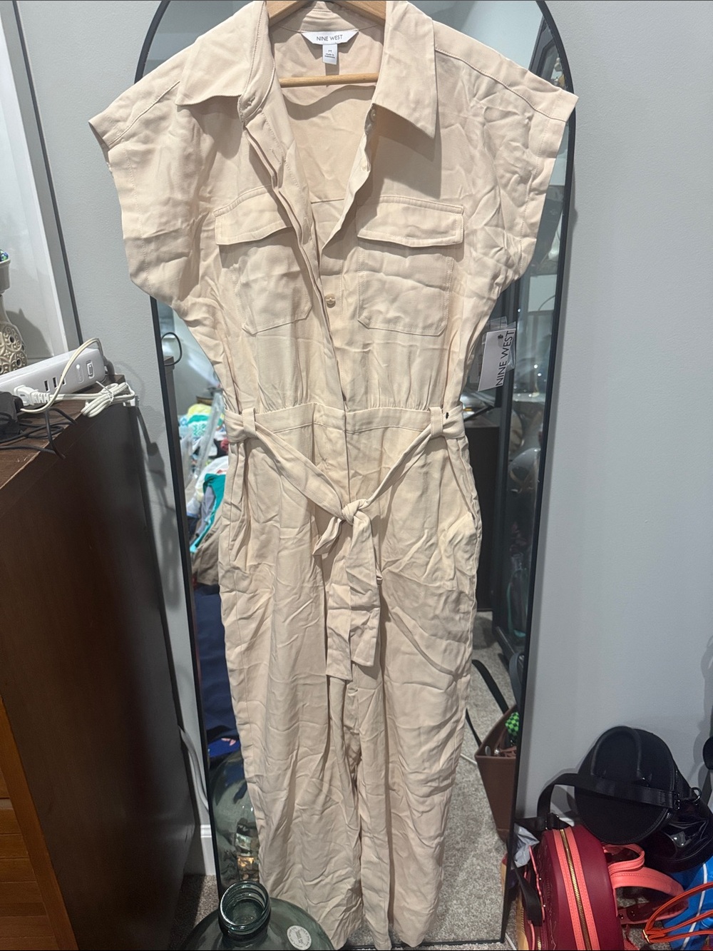 Nine West Beige Tie-Waist Utility Jumpsuit